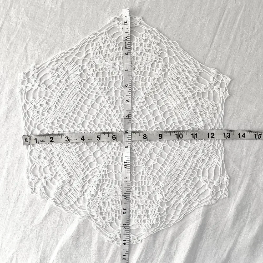 Hand Crocheted White Doily 13x15 Hexagon Centerpiece Table Mat Cottage Decor Vtg